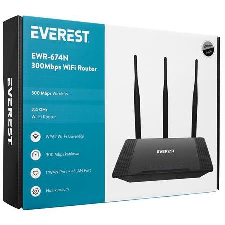 Everest EWR-674N 2.4GHz 300Mbps Wireless-N 3*5dBi Antenli Repeater+WISP+AP Destekli Kablosuz Router